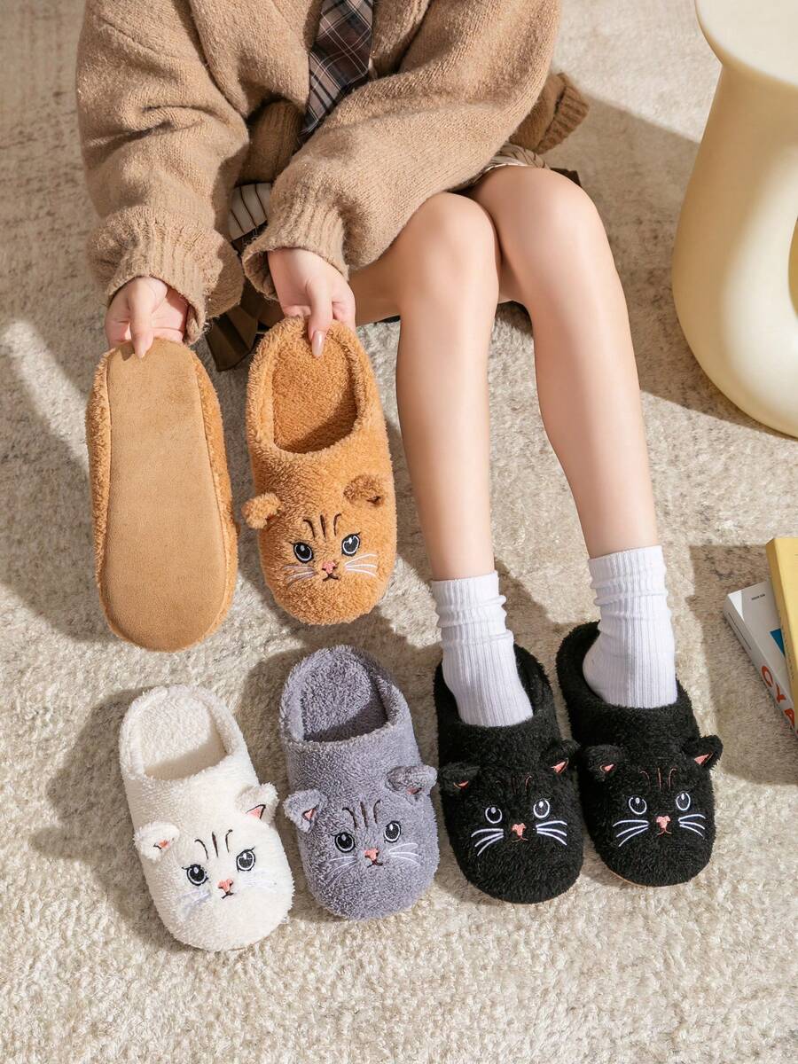 可爱卡通猫咪毛绒拖鞋女士保暖防滑室内家居软底毛绒情侣卧室拖鞋冬季 - 卡其色 - 查看 1
