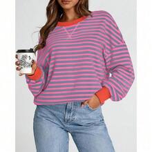 Womens Oversized Striped Sweatshirt Crewneck Long Sleeve Pullover Top Casual Y2K Spring Clothes 2026 Workout Shirt,Vacation Outfits Women,Valentine Outfits For Women,Street Photography - 玫紅色 灰色 藍色 - 查看 5