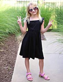 Girls' Summer Dress - Square Neck & Ruffle Sleeve A-Line Swing Dress| Tie-Back Midi Casual Dress With Pockets| Lightweight & Breezy Outfit - 黑色 - 查看 5
