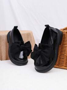Girls' Bowknot Leather School Shoes, Children Princess Shoes, British Style Black Flats, Soft Sole Student Performance Shoes