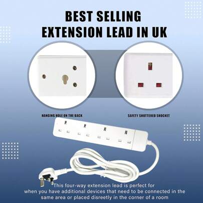 4-Port Surge Protector Power Strip, British Minimalist Style With Power Indicator Light And Safety Shutters, Supports 250V - 13A, 3250W, Made Of PP Material, Includes 2 Screws And 2 Rolls Of Clear Tape, Suitable For Office, Kitchen, Living Room, School And Other Locations, White, With Extension Cord