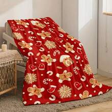 1pc Cozy Christmas Gingerbread Print Flannel Throw Blanket - Lightweight All-Season Soft Warmth For Sofa, Bed, Travel & Camping - Festive Red & Golden Holiday Decor With Candy Canes & Snowflakes Design, Gingerbread Christmas Decor, Seasonal Home Accent, Durable Comfort Fabric- 280GSM - 彩色 - 查看 2