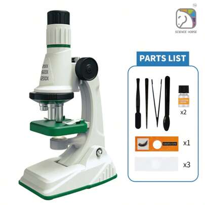 SCIENCE HORSE 200X-1200X 放大倍数儿童显微镜套装 - LED 灯，便携盒 - 适合 6-12 岁儿童的科学实验玩具 / 塑料材质，适合居家玩耍、旅行、生日派对、节日礼物、课堂教育和亲子互动