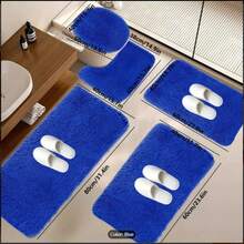 5-Piece Bathroom Rugs Set - Ultra Soft Velvet Fleece Mats, Non-Slip Absorbent Machine Washable, Contour & Toilet Lid Cover, Rectangular Mats For Modern Bathrooms, Thick Pile Foot Massage, Perfect For Bedroom Decor, Tub, Toilet Floor, Shower Room - Màu xanh lam - Xem 1