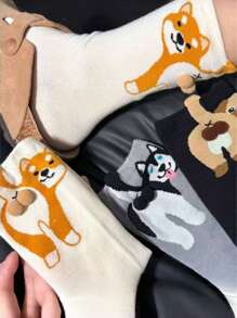 3双装女士新款卡通3D狗狗图案趣味可爱透气舒适中筒袜 - 彩色 - 查看 2
