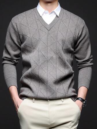 ถัก Jacquard คอวี ผู้ชาย ใหม่ แขนยาว, เหมาะสำหรับการแต่งตัวในชีวิตประจำวัน, เหมาะสำหรับการสวมซ้อน หรือ เป็นเสื้อนอก, ฤดูใบไม้ร่วง/ฤดูหนาว