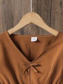 Left Mama Girls' Casual Bow V-Neck Long Sleeve Top And Striped Straight Pants Set, Spring/Autumn