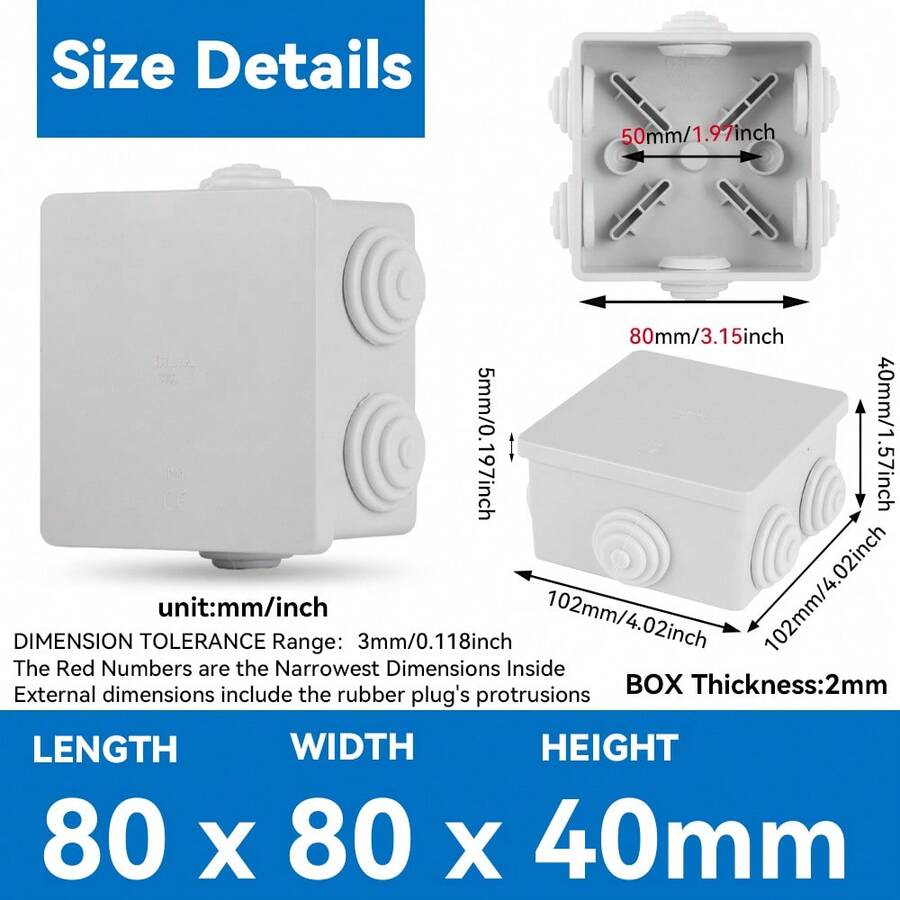 CILIA IP44防水快速安装方形接线盒80x80x40mm，专为户外电气作业设计，防丢失盖设计，无需切割电缆入口，灰色 - 灰色 - 查看 1