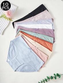 Pacote com 10 peças de calcinhas esportivas casuais básicas e confortáveis, com laço de cor sólida e listras verticais em espiral para meninas - Branco - Ver 3