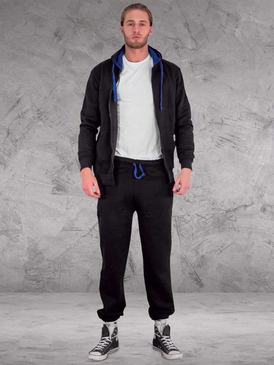 LoveMyFashions Men's 2pcs Set Tracksuit Full Sleeve Solid Color Drawstring Waist Zip Up Hoodie & Sweatpants Two Pieces Set With Pockets - Black/Blue - View 1