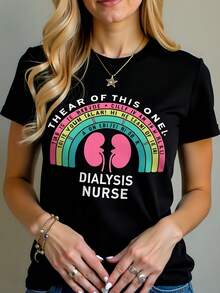 Dialysis Nurse T-Shirt Women 180g Black Cotton Crewneck Short Sleeve Graphic Tee The Year Of This One Funny Quote Rainbow Kidney Design Medical Apparel Gift For Healthcare Workers  Casual Wear - 黑色 - 查看 1