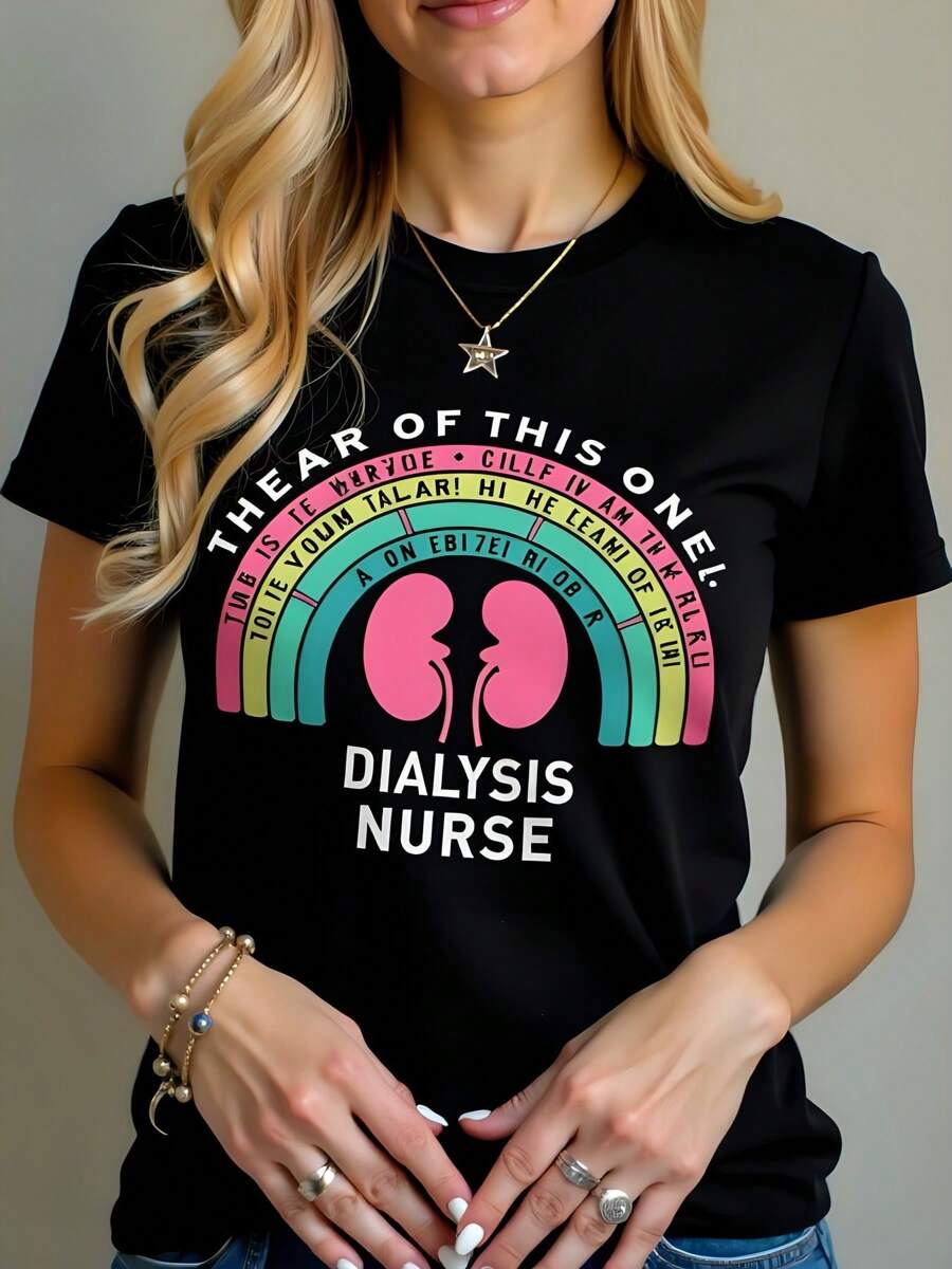Dialysis Nurse T-Shirt Women 180g Black Cotton Crewneck Short Sleeve Graphic Tee The Year Of This One Funny Quote Rainbow Kidney Design Medical Apparel Gift For Healthcare Workers  Casual Wear - 黑色 - 查看 1