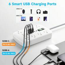 14-In-1 Desktop Charging Station - Surge Protector With USB-C Ports, 4 Outlets And 6 USB(3 USB-C), 5ft Extension Cord, Wall-Mounted, Multiple Outlets For Home And Office Dorm, Kitchen, Overload Protection - 查看 3