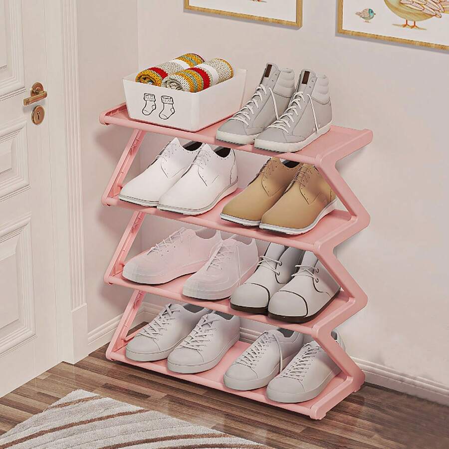 1 Piece 4-Tier Simple And Practical Shoe Rack For Shoes, Boots, And Clothing Accessories, Made Of Stainless Steel Tubes And Plastic Brackets, Freestanding Black And White Shoe Rack, Easy To Assemble And Space-Saving - 玫紅色 - 查看 1
