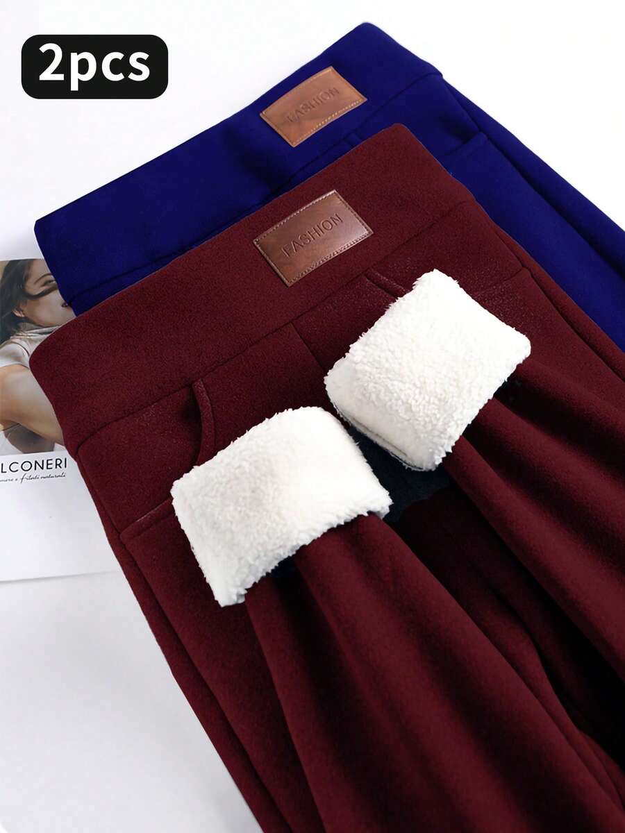 2-Pack Solid Plus Fleece Thermal Pants, Comfortable And Close-Fitting, Warm, Winter Casual Leggings. - 2 chiếc màu xanh + đỏ - Xem 1