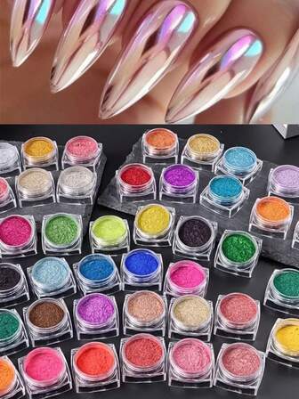 40 色金属镀铬指甲粉颜料 Y2K 镜面效果涂抹粉尘 UV 凝胶抛光 DIY 薄片美甲配件