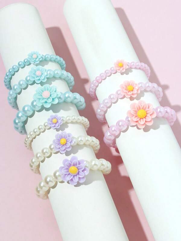 Set de 3 piezas de pulseras para niñas con flores, perlas y unicolor, adecuado para uso diario, cumpleaños, fiestas y vacaciones