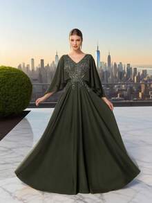 DELLA COUTURE Women's V-Neck Army Green Evening Gowns Exquisite Floating Fashion Ladies Elegant And Noble Slim Gorgeous Floor-Length Gowns Style Dress Suitable For Parties,Prom, Weddings And Other Formal Occasions Prom Guest Dress , Long Cocktail Dresses - Army Green - View 2