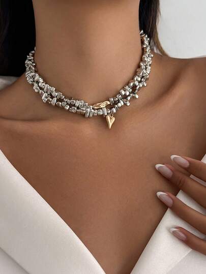 2pcs/Set Bohemian Style Asymmetrical Faux Pearl Beaded Heart Pendant Necklace, Luxurious Charm Jewelry Gift For Women, Couples, Casual, Party, Holiday