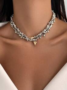 2pcs/Set Bohemian Style Asymmetrical Faux Pearl Beaded Heart Pendant Necklace, Luxurious Charm Jewelry Gift For Women, Couples, Casual, Party, Holiday - Necklace - View 4