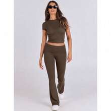 Lounge Sets For Women 2 Piece Foldover Yoga Flare Leggings Pants Crop Tops Casual Y2K Outfits Matching Tracksuit Set/Vacation Outfits Women - 深咖啡 - 查看 8