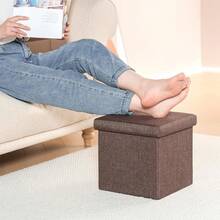 Folding Stool With Storage Box, Linen-Covered Stool, Small Cube Seat, Suitable For Toy Chest, End Of Bed, Shoe Stool, Hallway, Or Seating. Various Colors And Sizes Available. - 棕色 - 查看 2