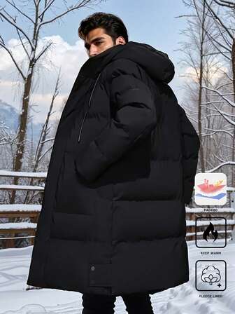 Men's Winter Long Sleeve Padded Coat, Mid-Length Knee-Length Coat With Hood, Casual, Business, Street Fashion Parka, Fall