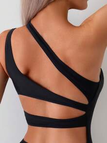 Women One Shoulder One Piece Swimsuit Tummy Control Bathing Suits Modest Full Coverage Cutout Swimwear - Black - View 2
