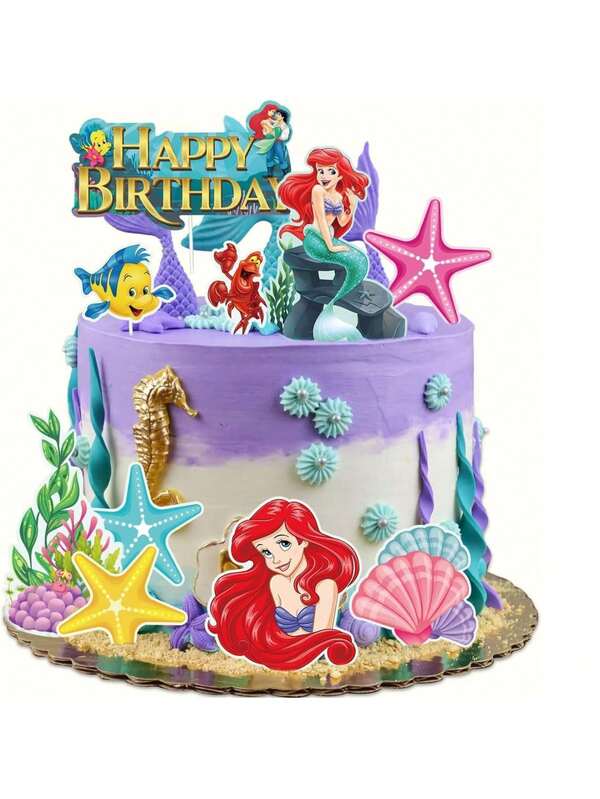 Disney 10 pièces/set Décorations de gâteau thème Sirène, Décorations de gâteau d'anniversaire, Pics de gâteau avec animaux de l'océan Disney et princesse sirène aux cheveux rouges