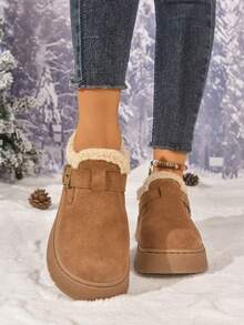 Botas de neve marrons para uso externo com solado antiderrapante e grosso, botas de tornozelo versáteis e com forro térmico da moda 2025, botas curtas de bico quadrado, sapatos de neve à prova d'água e com plataforma para uso externo para mulheres