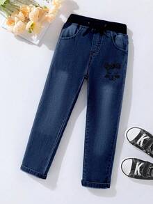 Pantalones largos de mezclilla con cintura elástica y cordón para niñas, adecuados para uso casual, fiestas y todas las estaciones - Azul Marino - Ver 1