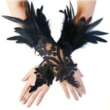 A Pair Of Gothic Lace Faux Feather Gloves For Halloween Ladies, Lace Cuffs, Wristbands, Cosplay, Wedding Party, Halloween Costume Decoration Accessories