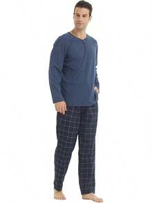 Pajamas For Men Set Long Sleeve Henley Microfleece Shirt Plaid Flannel Pants Comfy Pjs Sleepwear Plush Loungewearhalloween - Navy+Navy - View 4