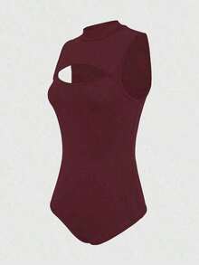 Women's Bodysuit With High Neck And Cutouts, Ideal For Summer Use - 酒紅色 - 查看 2