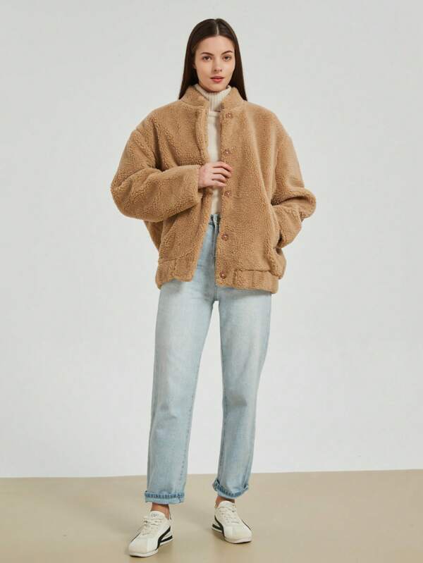 Women's Solid Color Fleece Bomber Jacket, Casual Everyday Wear
