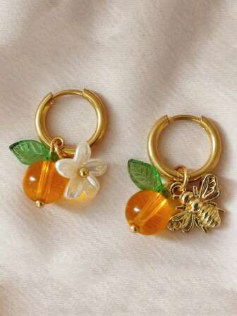 1 Pair Cute & Fashionable Floral Bee & Orange Acrylic Pendant Earrings, Suitable For Girls Daily Wear, Jewelry Gift For Friends