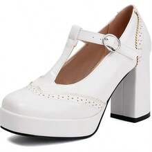Womens Square Toe Mary Jane Shoes Outdoor  Retro Oxford Wingtip Platform Pump Preppy Ankle Buckle Strap Office Shoes Dress Wear Footwear - trắng - Xem 6