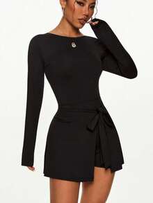 女式夏季无缝防闪烁紧身运动裙，性感开衩系带U型后背网球裙 - 黑色 - 查看 2