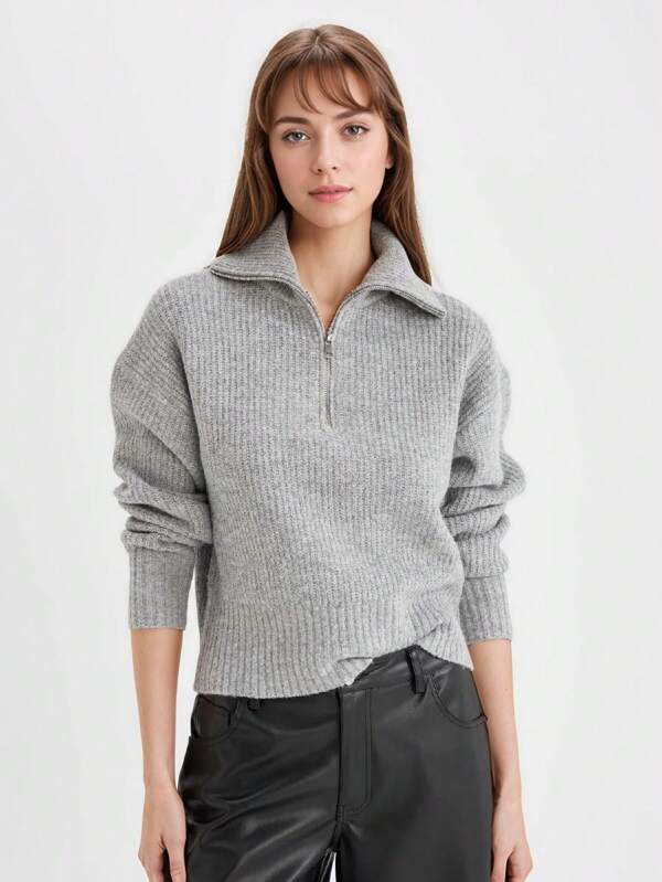 1pc Solid Color Knit Fabric Ribbed Collar Everyday Autumn/Winter Half-Zip Elegant & Comfortable