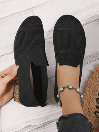 Chaussures plates femme à talon bas, bout rond en tricot, style Glissant avec rayures en tricot. Chaussures plates bohèmes d'une seule couleur, mignonnes, mode, décontractées, sexy, pour les vacances. Mocassins côtelés pour dames, convenant pour les fêtes, la maison, le bureau, l'extérieur, toutes les saisons