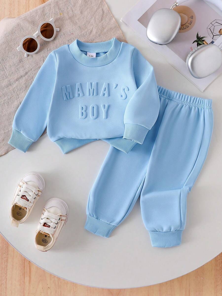 2pcs/Set Baby Boy Fashion Minimalist "MAMA'S BOY" Embossed Long Sleeve Hoodie And Casual Solid Color Elastic Waist Cuffed Pants Set, Spring/Autumn - Blue - View 1