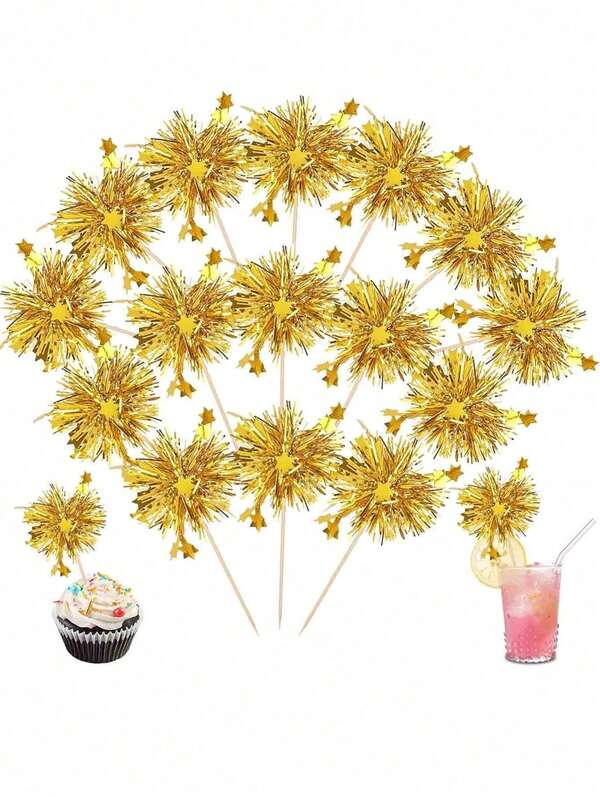10/20Pcs Foil Fireworks Cupcake Toppers,Colorful Cocktail Drinking Picks,Happy Birthday Cake Decorations,Hawaiian Cupcake Toppers,Party Cake Decoration,Glitter Tinsel Flowers Drink Stirrers,Cocktail Food Fruit Toothpicks,Party Supplies Golden,Christmas,Halloween,1pc