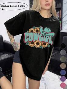 Women's Washed Cotton T-Shirt Western-Cowgirl Painted Design Soft And Breathable Fabric, Machine Washable Spring And Summer Daily Stylish Tops The Best Gift For A Friend
