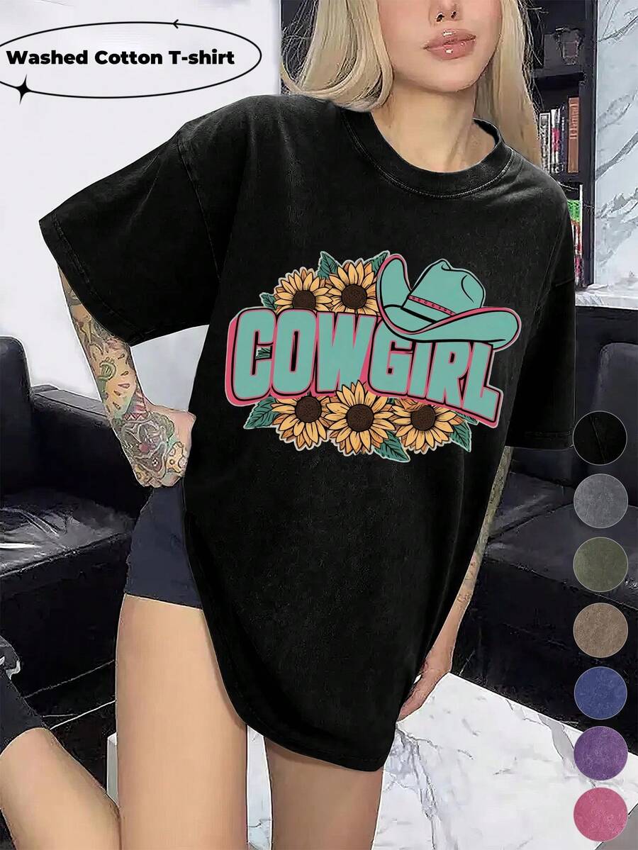 Women's Washed Cotton T-Shirt Western-Cowgirl Painted Design Soft And Breathable Fabric, Machine Washable Spring And Summer Daily Stylish Tops The Best Gift For A Friend