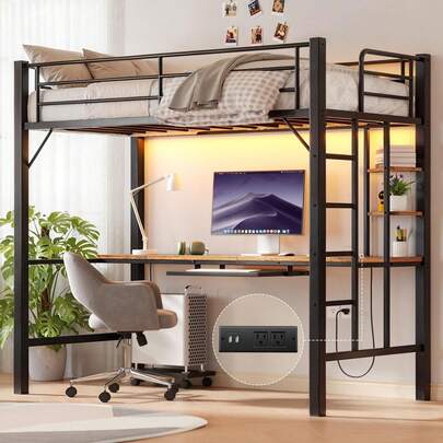 Cama alta individual con escritorio y luces LED, Estación de carga y estantes de almacenamiento, Base de cama de metal resistente con protección y escalera, No necesita somier, ahorra espacio