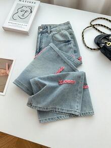 Długie jeansy z szerokimi nogawkami dla kobiet, jasnoniebieskie, z różowymi haftowanymi literami, swobodny, uroczy styl, nieelastyczne, zapinane na guziki i zamek błyskawiczny, kieszenie