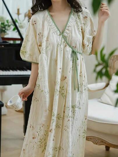 Women's Short Sleeve Ditsy Floral Tie-Front Kimono, Casual Comfortable Loungewear, Suitable For Summer, Spa, Sleepwear