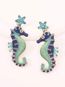 1pc Fashionable Elegant Ocean Holiday Style Geometric Rhinestone Inlaid Star & Seahorse Colored Symmetrical Dangle Earrings - Seahorse Earrings - View 12