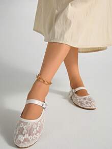 Women Ballet Flats, Summer Breathable Embroidered Lace Round Toe Mary Jane Minimalist White Flat Shoes - White - View 2