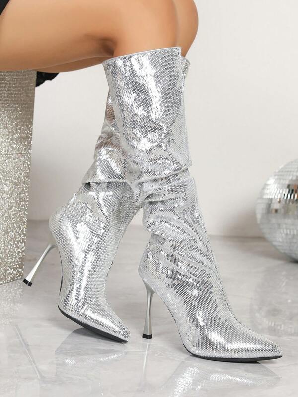 Women's Fashion Elegant Comfortable Pointed Toe Silver Sequin Pleated Knee-High Boots, Minimalist High Heels Versatile Sexy Party Boots